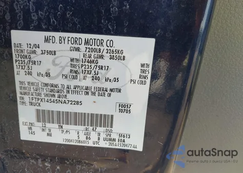 2005 Ford F-150 Fx4/Lariat/Xl/Xlt z USA, uszkodzony, nr VIN 1FTPX14545NA72285